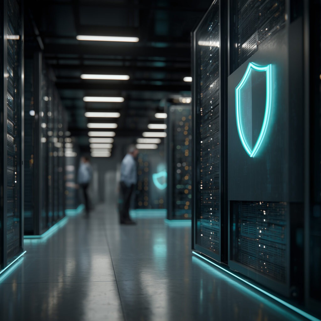 Rechenzentrum mit Serverracks, leuchtendem türkisfarbenen Schildsymbol am Schrank und unscharfen Technikern.