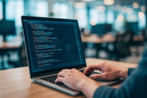 Hände tippen auf einen Laptop; der Bildschirm zeigt farbig formatierten Quellcode im Editor, im Hintergrund ein unscharfer Büroarbeitsplatz.