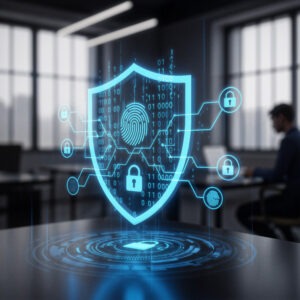 Blaues digitales Schild mit Fingerabdruck- und Schloss-Symbolen vor einem verschwommenen Büro mit arbeitender Person